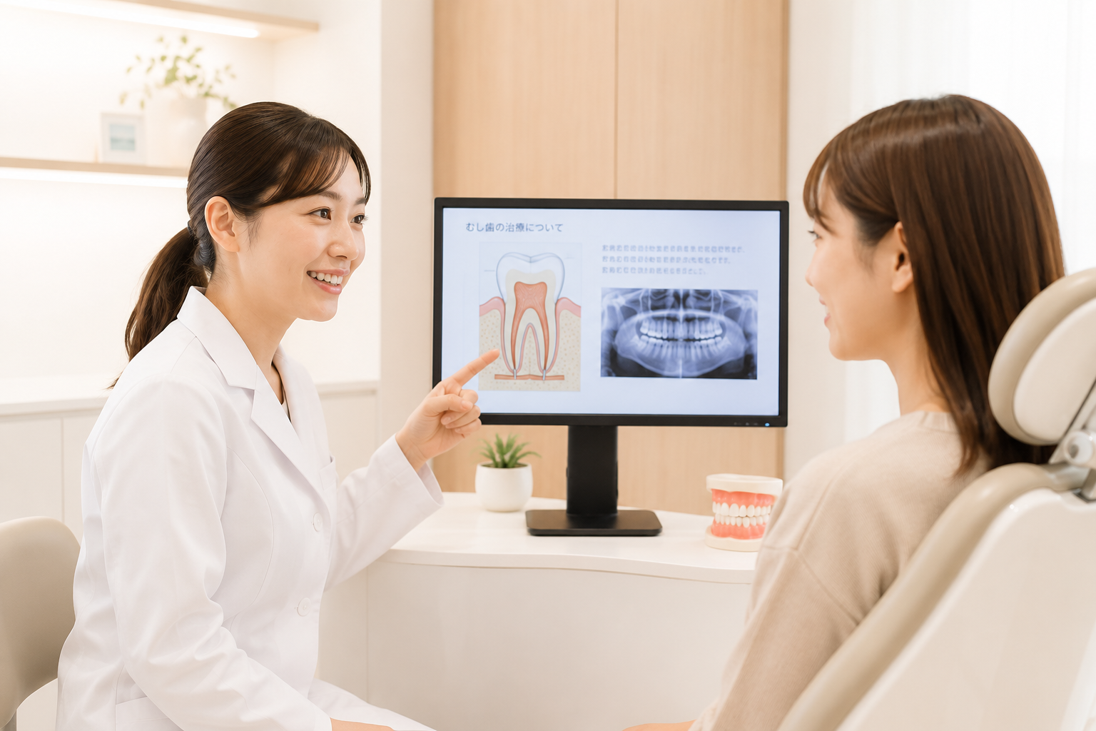モニターを使って治療内容を説明する様子