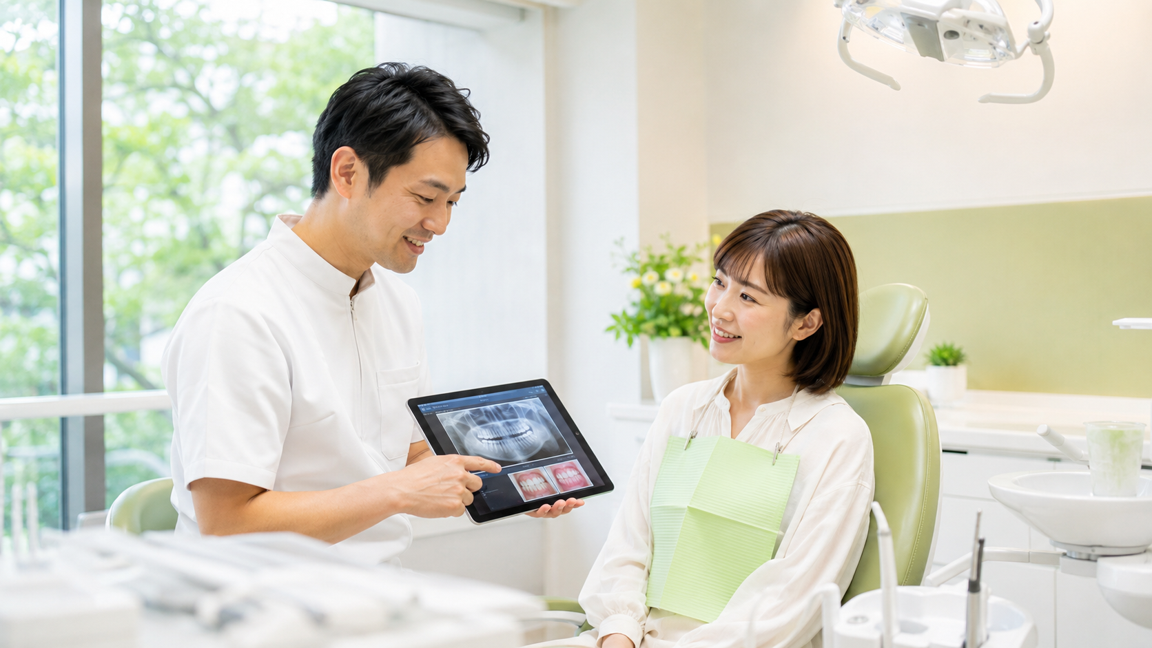 タブレットで治療内容を丁寧に説明する様子
