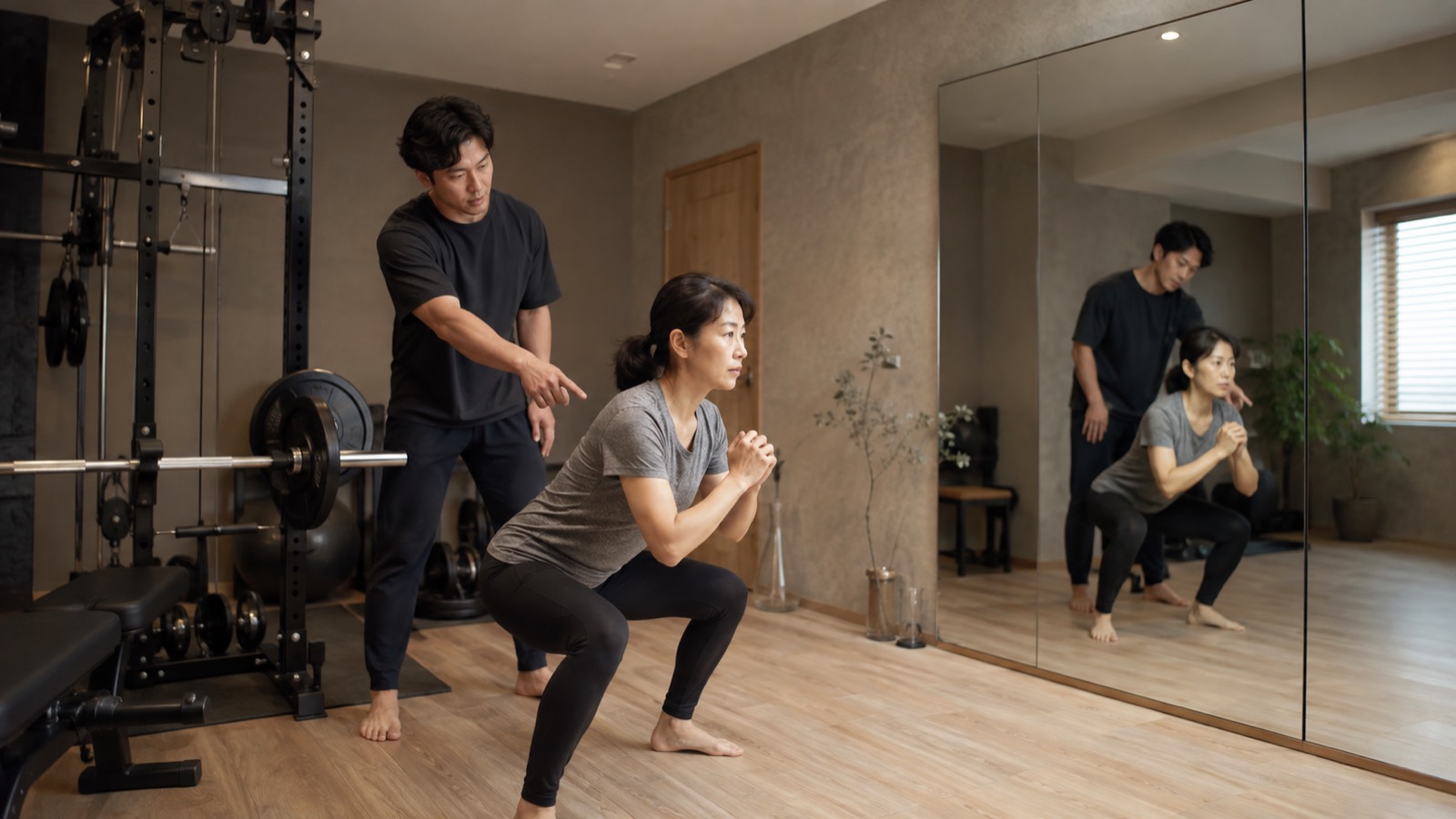 トレーナーがフォームを確認しながら指導する様子