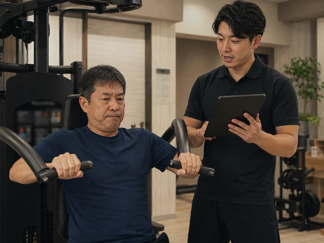 マシントレーニングで声かけを受ける男性