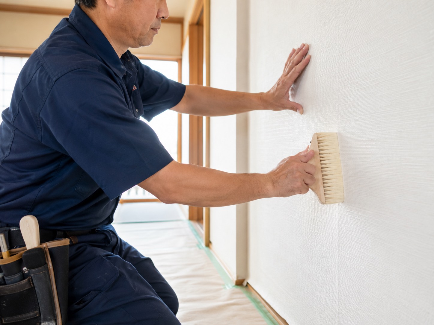 壁紙を貼る職人の手元