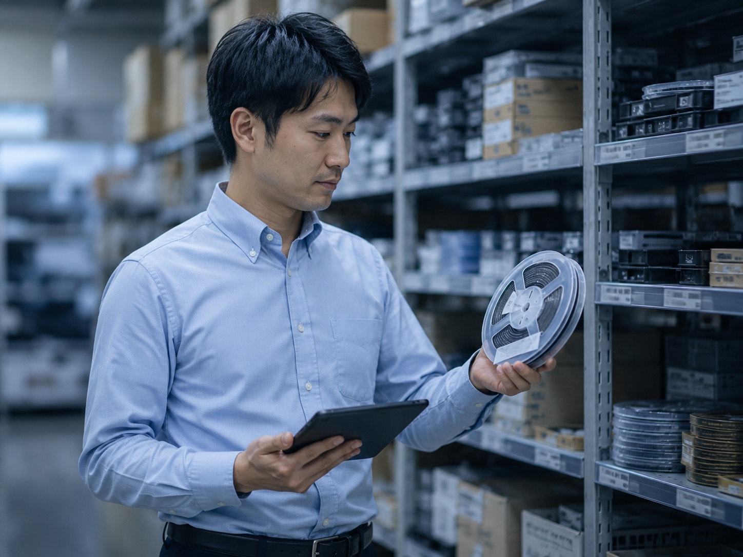 部品在庫の棚と端末を確認する営業担当
