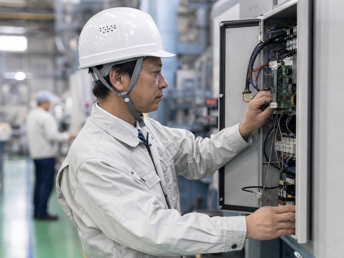 工場の生産ラインで装置を確認する技術者