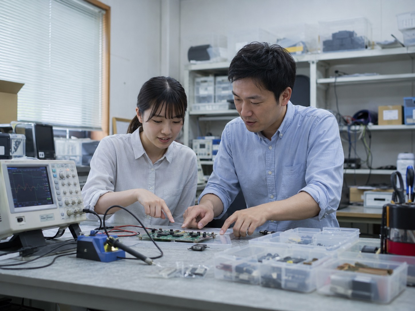試作基板を前に打ち合わせをする開発チーム