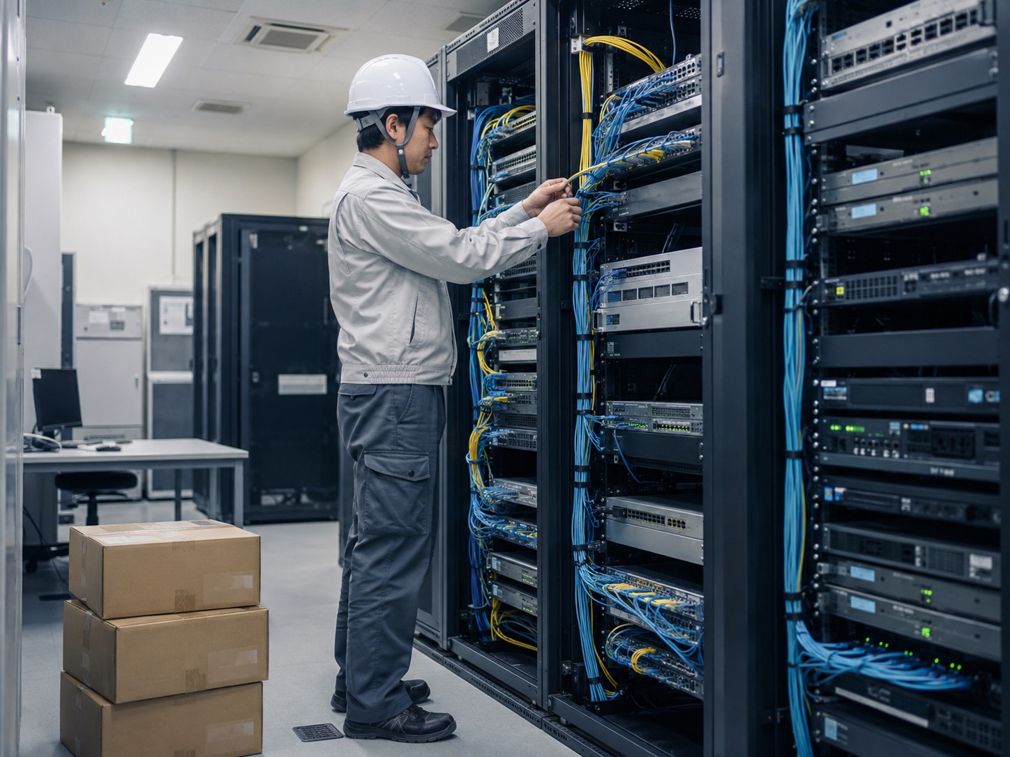 サーバーラックの配線作業をする設備工事の作業員