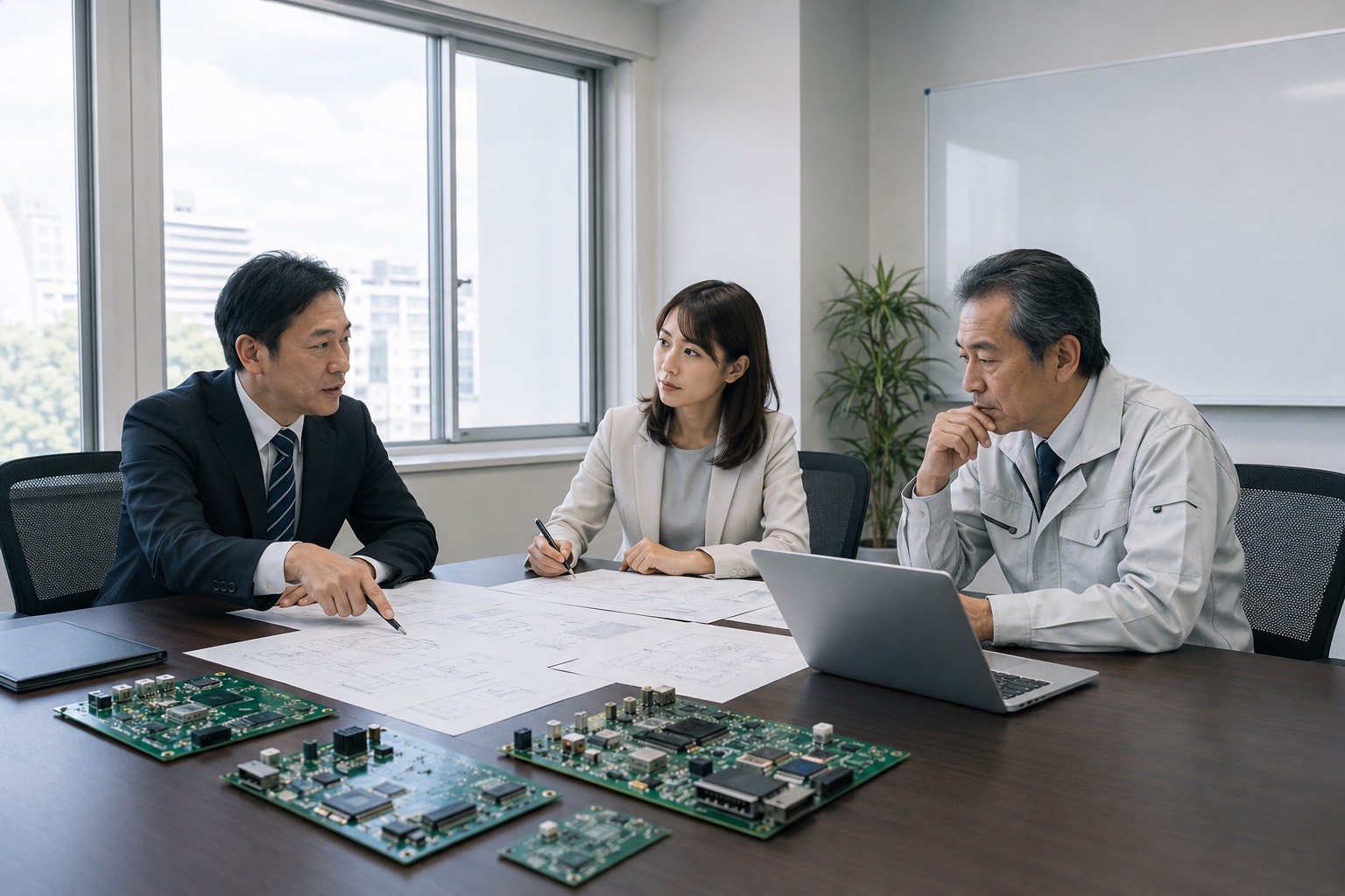 回路図を前に代替部品を検討する技術営業と設計担当
