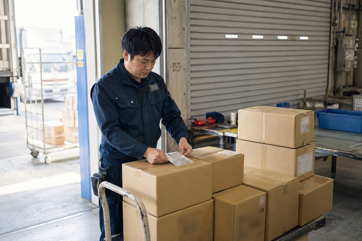 梱包済みの荷物を出荷ラインに並べる物流スタッフ